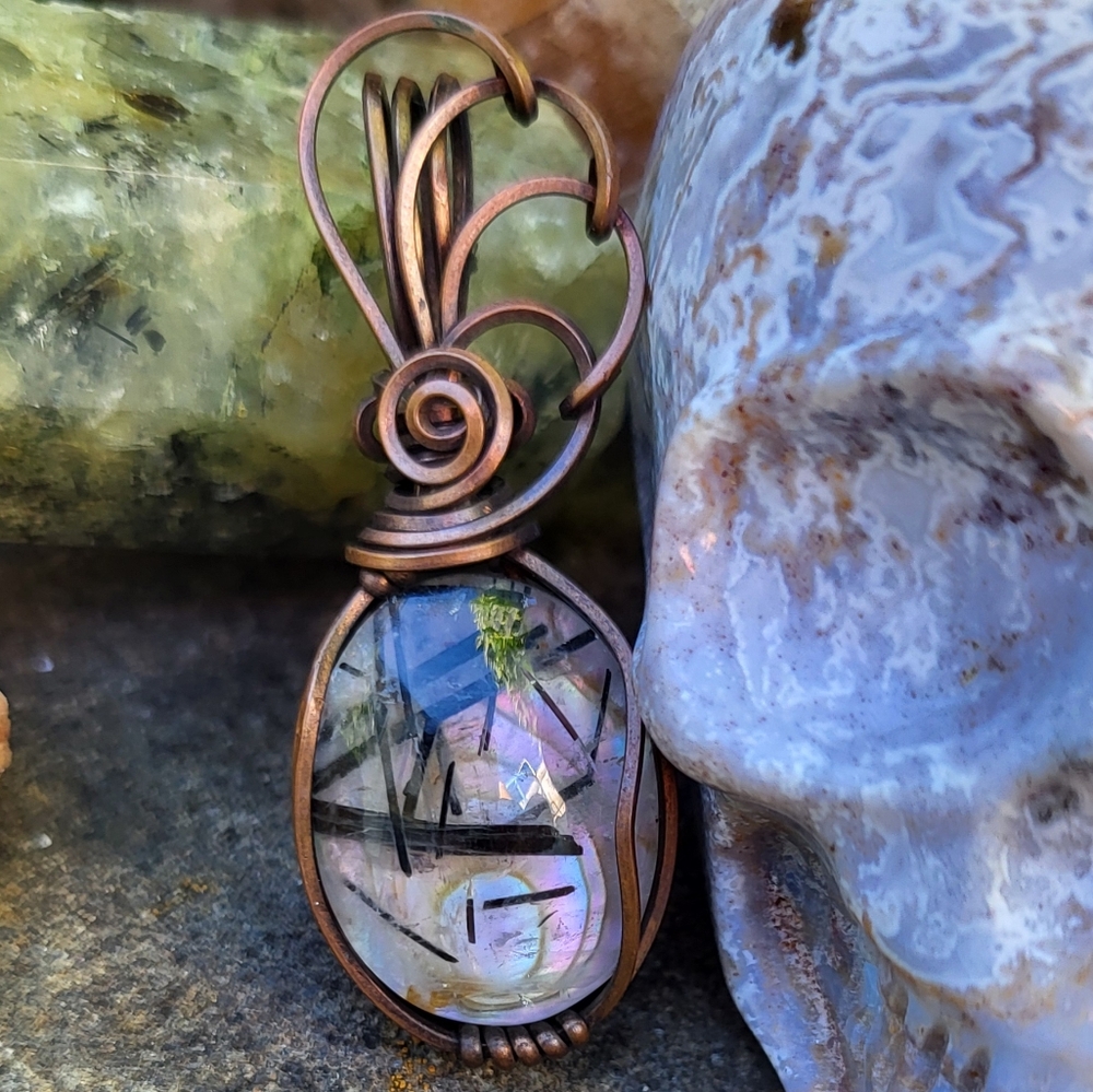 Abalone Black Tourmaline Rutilated Quartz Doublet Pendant